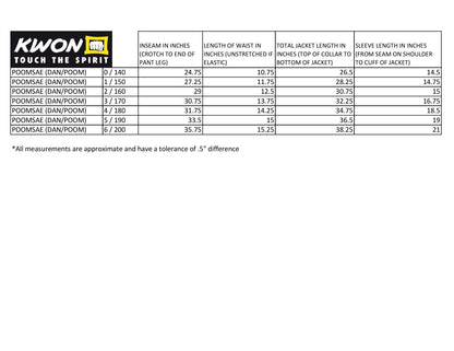 taekwondo uniform size chart